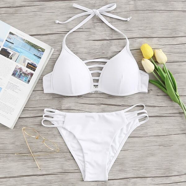 

Triangle Halter Top With Ladder Cutout Bikini Set