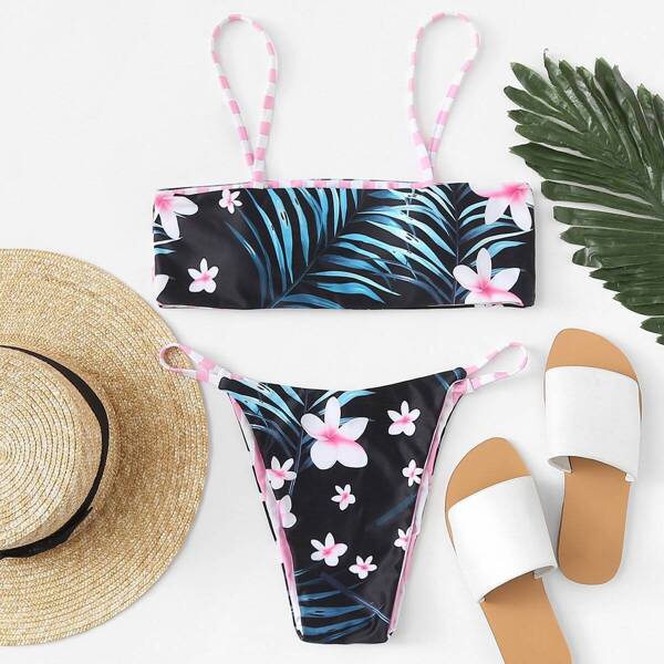 

Floral & Tropical Print Top With Tanga Bikini Set