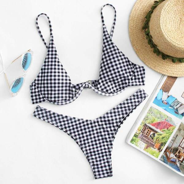 

Gingham High Leg Bikini Set, Black and white