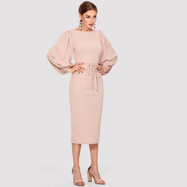 

Lantern Sleeve Self Tie Waist Solid Dress, Pink