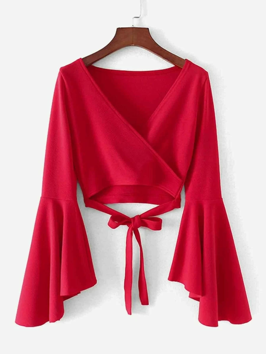 Bell Sleeve Knotted Hem Surplice Blouse - Merah - View 1