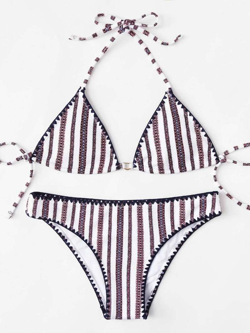 

Self Tie Striped Bikini Set, Multicolor