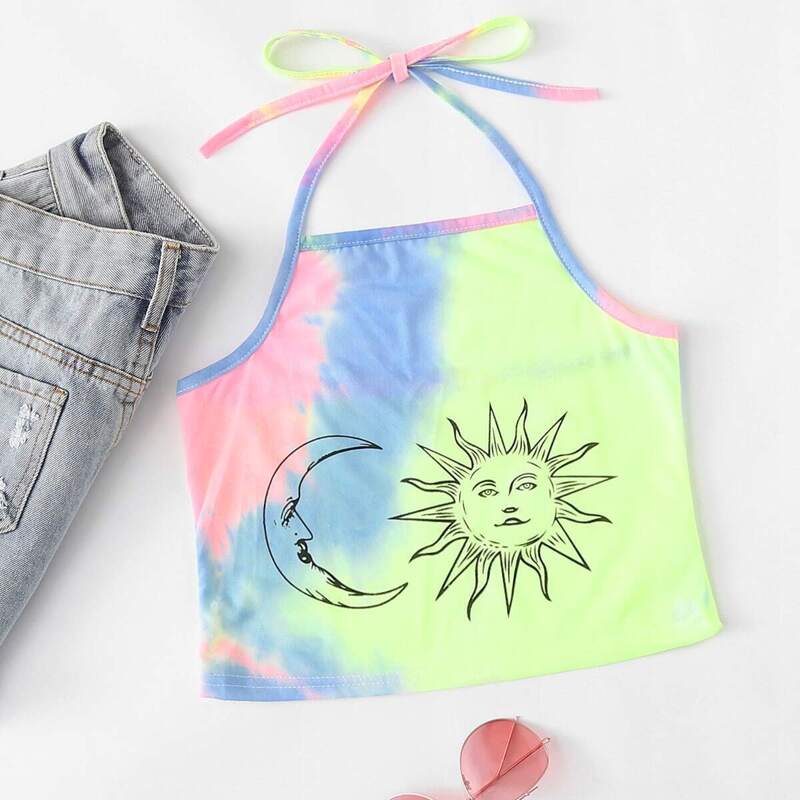 

Graphic Print Water Color Halter Top, Multicolor