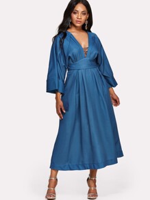 Plunging Kimono Sleeve Tassel Tie Dress
