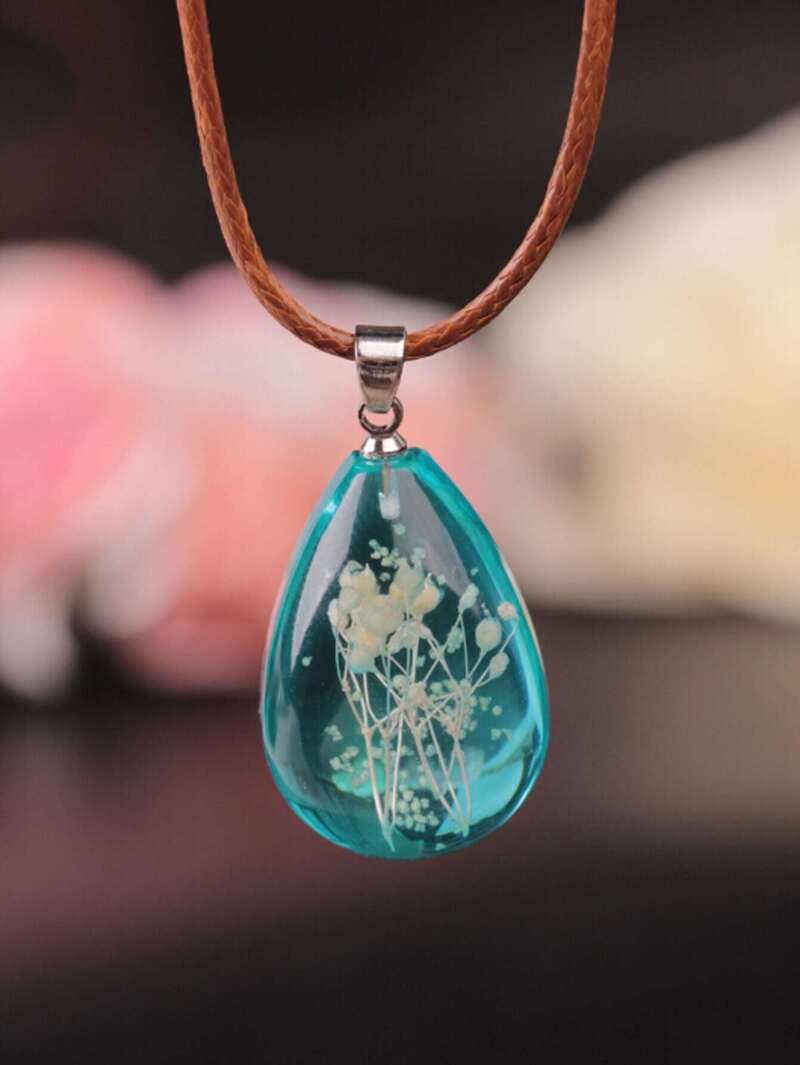 

Flower Pattern Water Drop Shaped Pendant Necklace, Blue