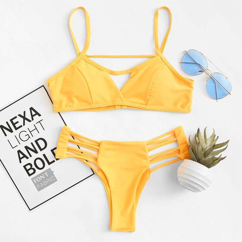 

Keyhole Front Top With Ladder Cut Out Bikini Set, Yellow bright