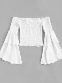 Off Shoulder Fluted Sleeve Top - White - View 2