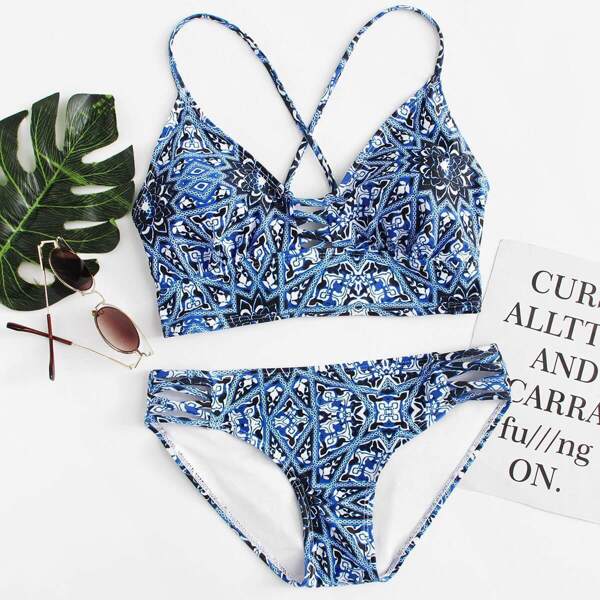 

Crisscross Back Top With Tribal Print Bikini Set