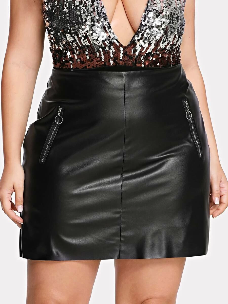 SHEIN Plus Zip Detail Faux Leather Skirt - Black - View 1