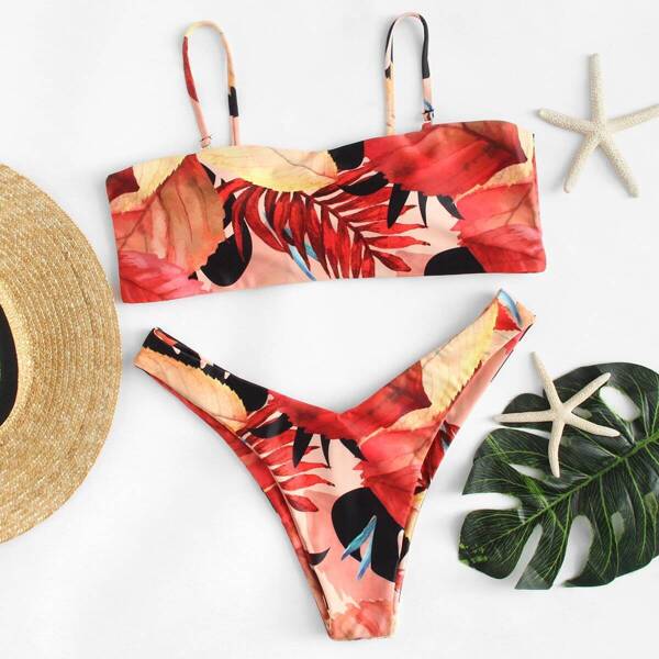 

Leaf Print High Leg Bikini Set