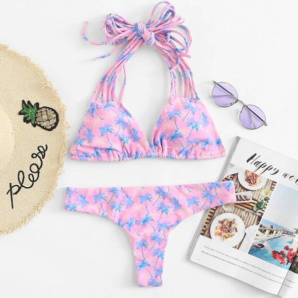 

Triangle Strappy Halter Top With Thong Bikini Set