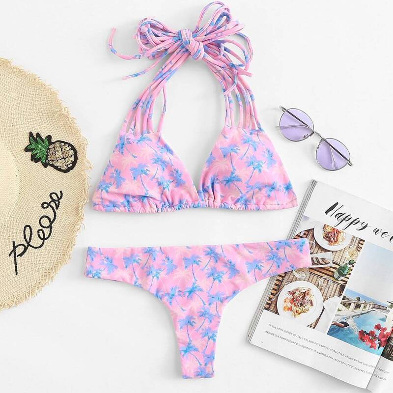 

Triangle Strappy Halter Top With Thong Bikini Set, Multicolor
