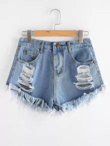 Frayed Distressed Denim Shorts - Light Wash - View 1