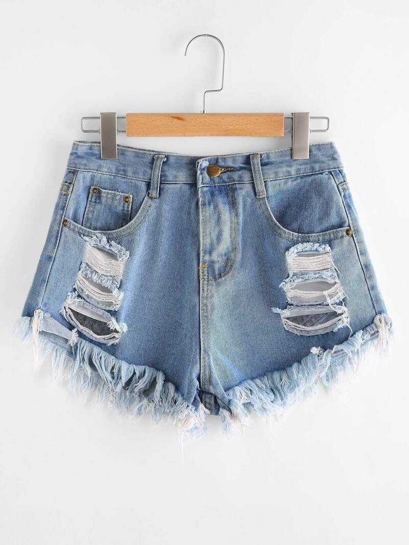 

Destroyed Frayed Hem Denim Shorts, Blue