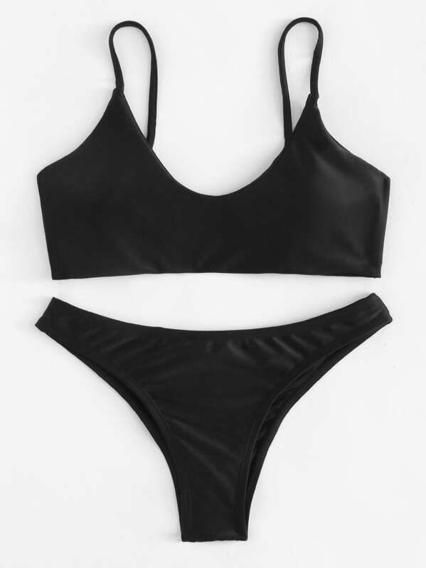 

Scoop Neck Top With Drawstring Bow Tie Bikini Set, Black