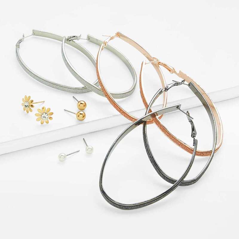 

Flower & Hoop Design Earring Set 6pairs, Colorful