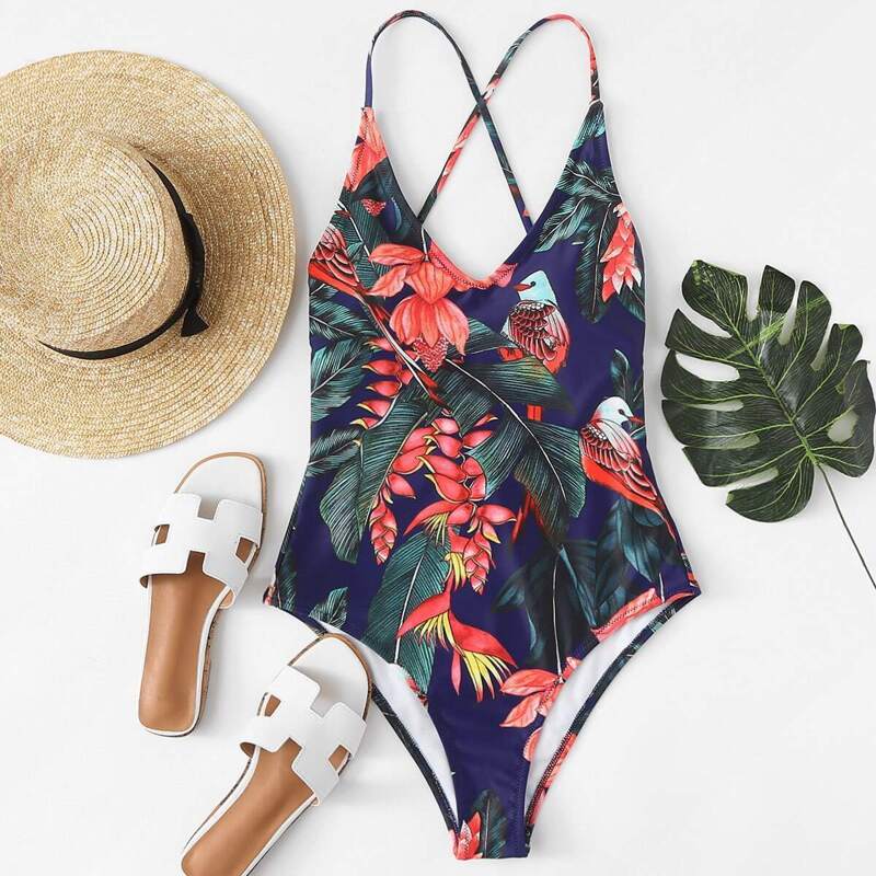 

Tropical Print Criss Cross Back One Piece Swimwear, Multicolor