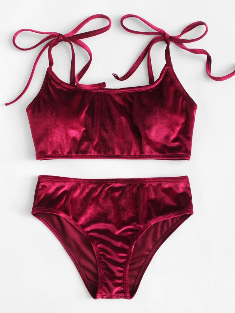 

Self Tie Velvet Bikini Set, Burgundy
