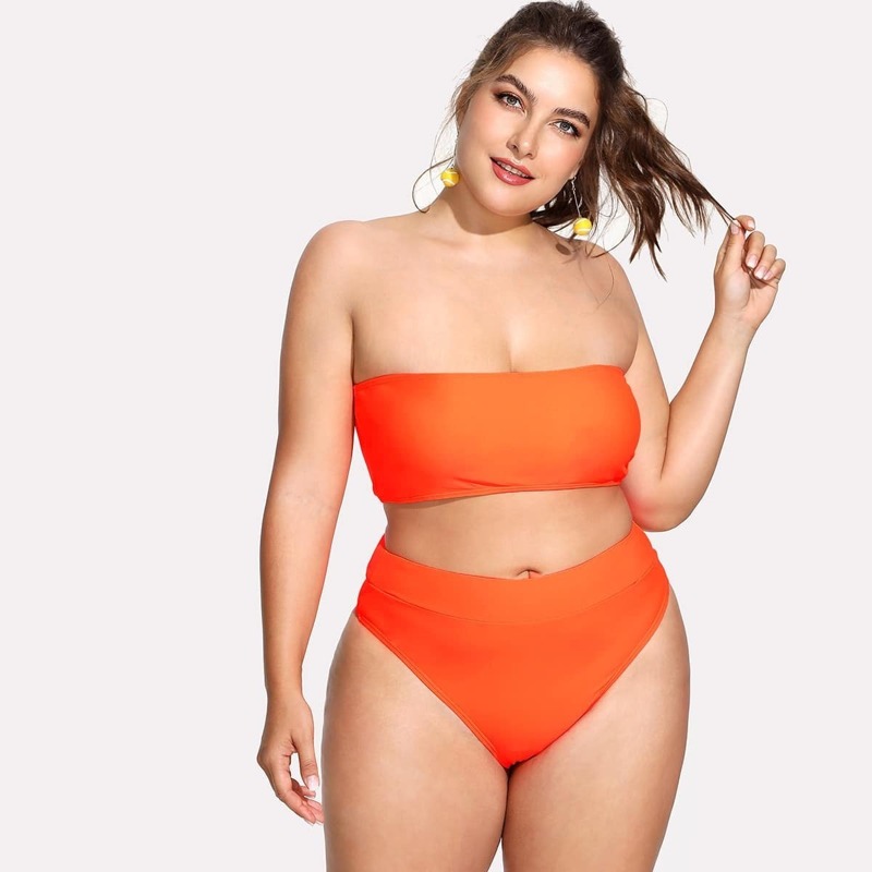 

Plus Neon Orange Bandeau With High Waist Bikini