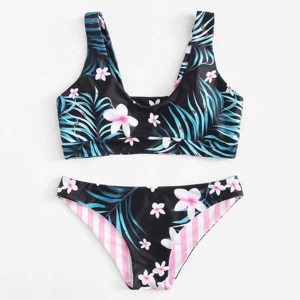 

Tropical & Striped Print Bikini Set