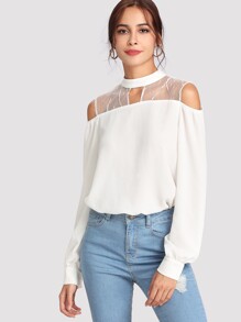 Vine Mesh Yoke Open Shoulder Blouse