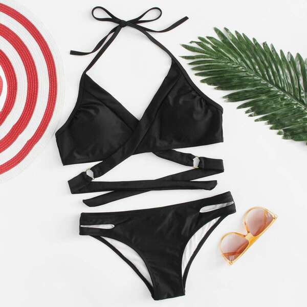

Halter Wrap Top With Cut-Out Bikini Set