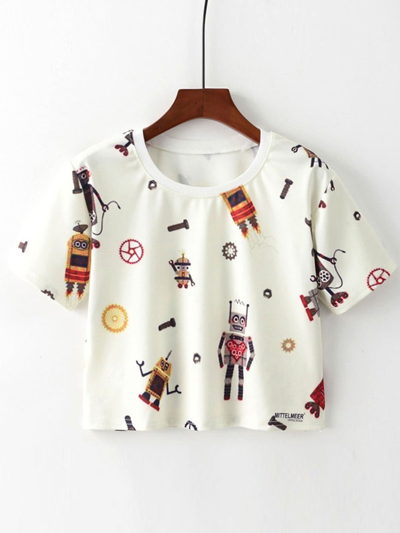 

Robot Print Crop Tee, White