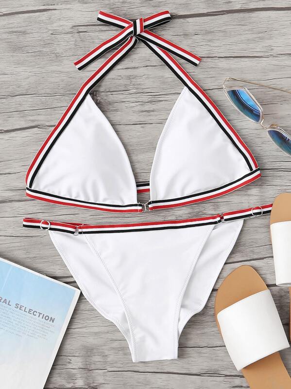 

Striped Tape Triangle Top With High Cut Bikini, White