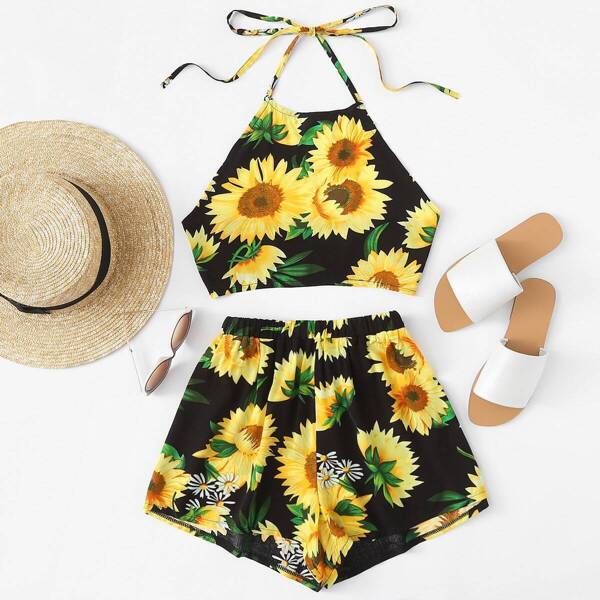 

Sunflower Print Halter Top With Shorts, Multicolor