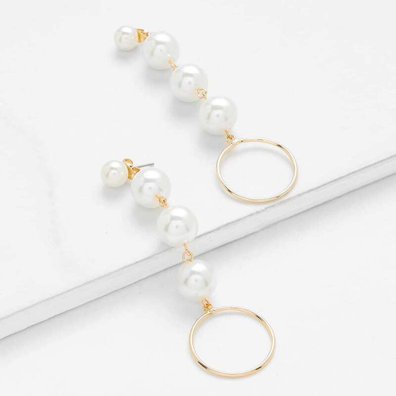 

Faux Pearl Design Drop Earrings With Ring 1pair, White