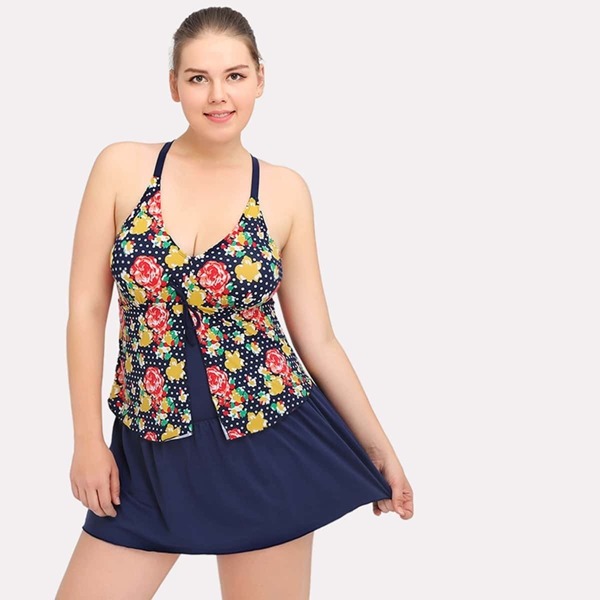 

Plus Flower & Polka Dot Criss Cross Swim Dress