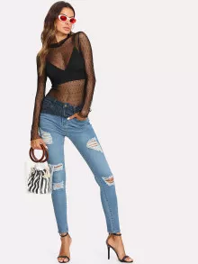 SHEIN Lettuce Edge Dobby Mesh Top - Black - View 3