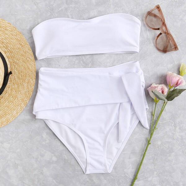 

Bandeau With Self Tie High Waist Bikini Set, White