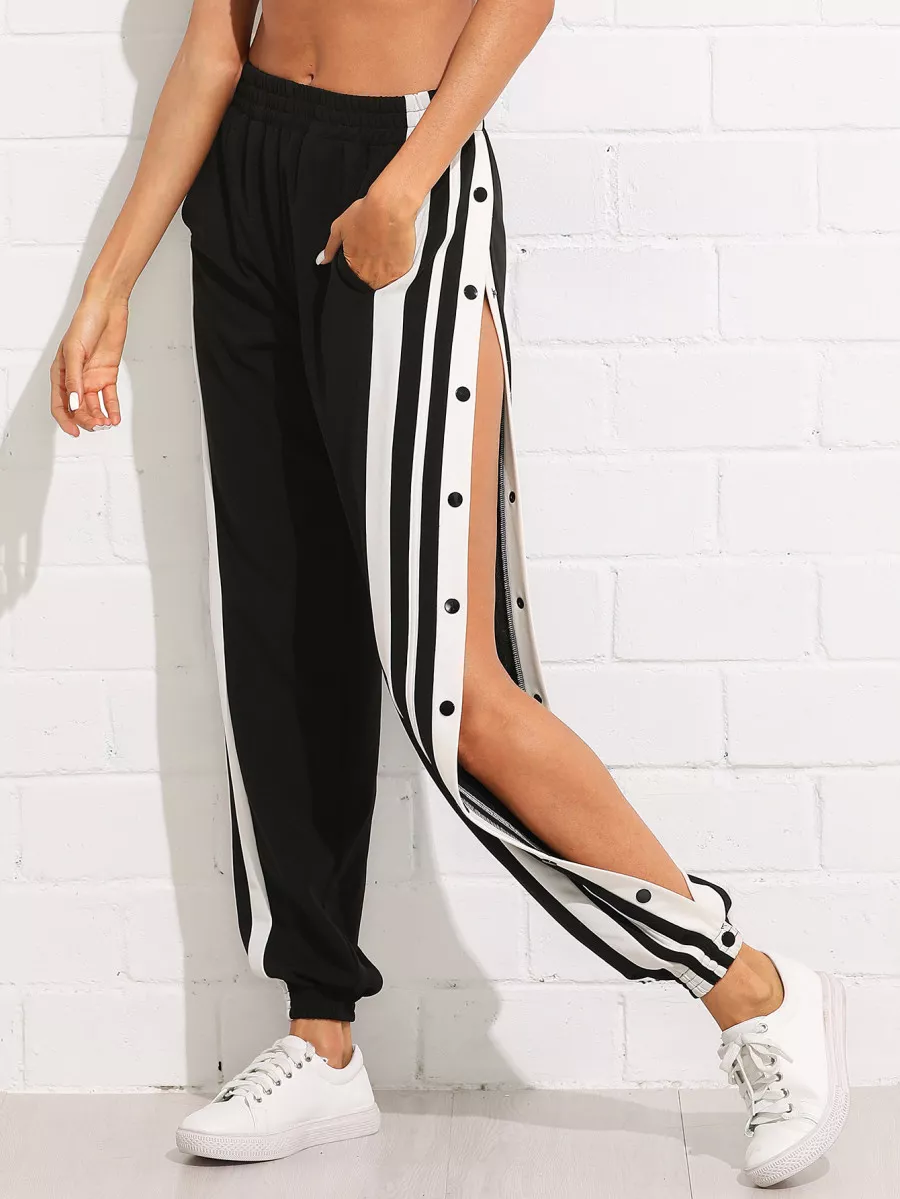 SHEIN EZwear Snap Button Striped Side Trousers - Black - View 1
