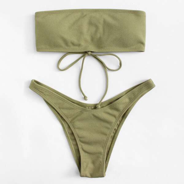 

Lace Up Bandeau Top With Ribbed Bikini Set