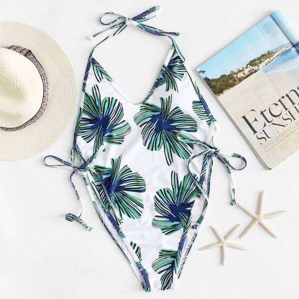 

Tropical Print High Leg Backless Swimsuit