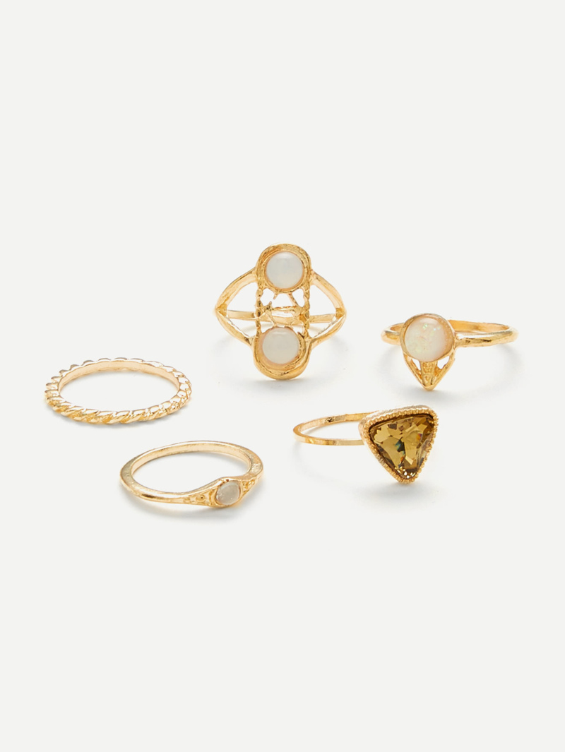

Triangle & Round Design Ring Set 5Pcs, Gold