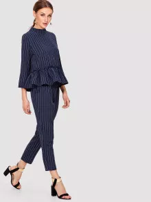 Pinstripe Ruffle Hem Top And Pants - Navy Blue - View 4