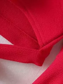 Bell Sleeve Knotted Hem Surplice Blouse - Merah - View 5