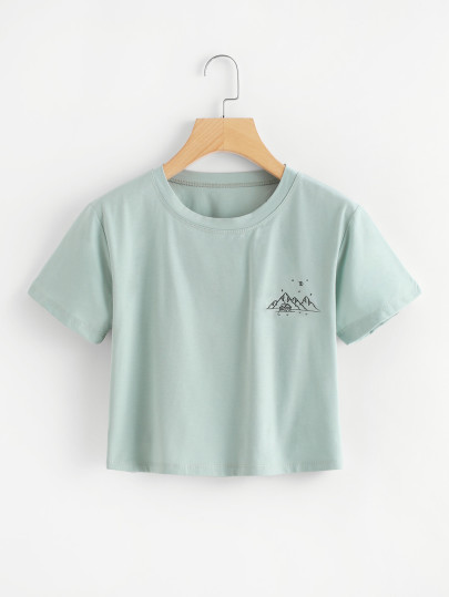ROMWE Embroidered Mountain Graphic Cropped Tee
