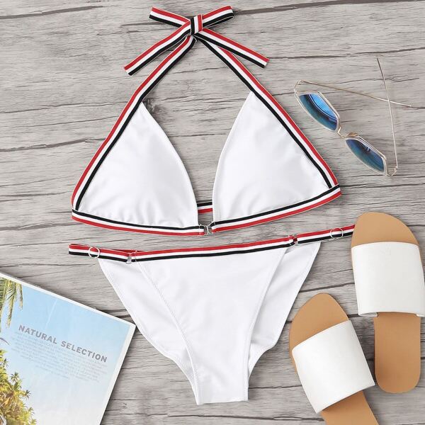 

Striped Tape Triangle Top With High Cut Bikini, White