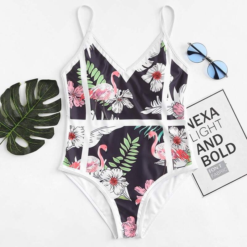 

Flower Print Contrast Piping Swimsuit, Multicolor