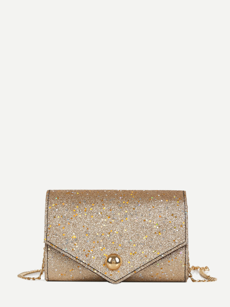 

Glitter Flap Chain Bag, Gold