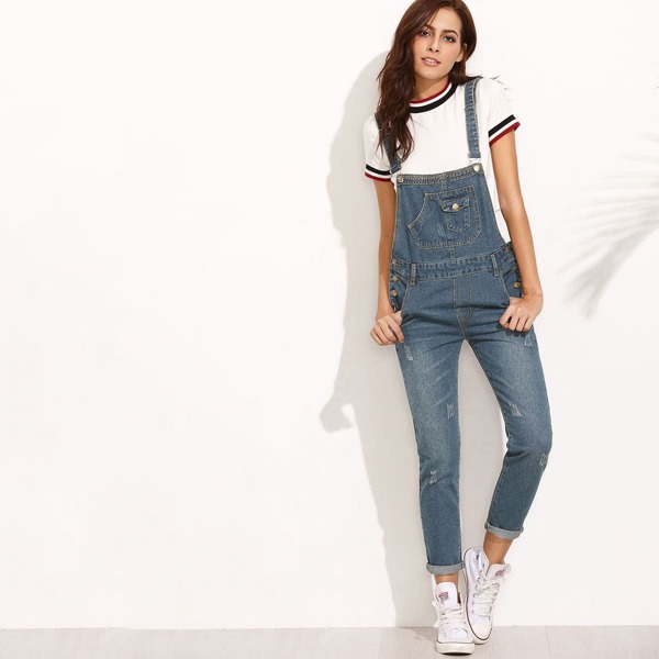 

Ripped Rolled Hem Denim Overalls, Dusty blue