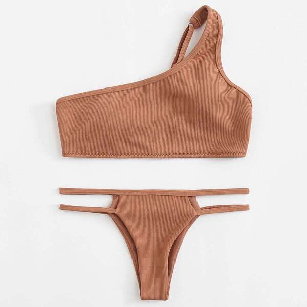 

One Shoulder Ribbed Top With Strap Bikini Set, Khaki