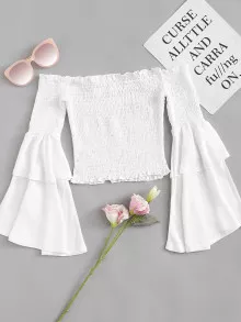 Off Shoulder Fluted Sleeve Top - White - View 1