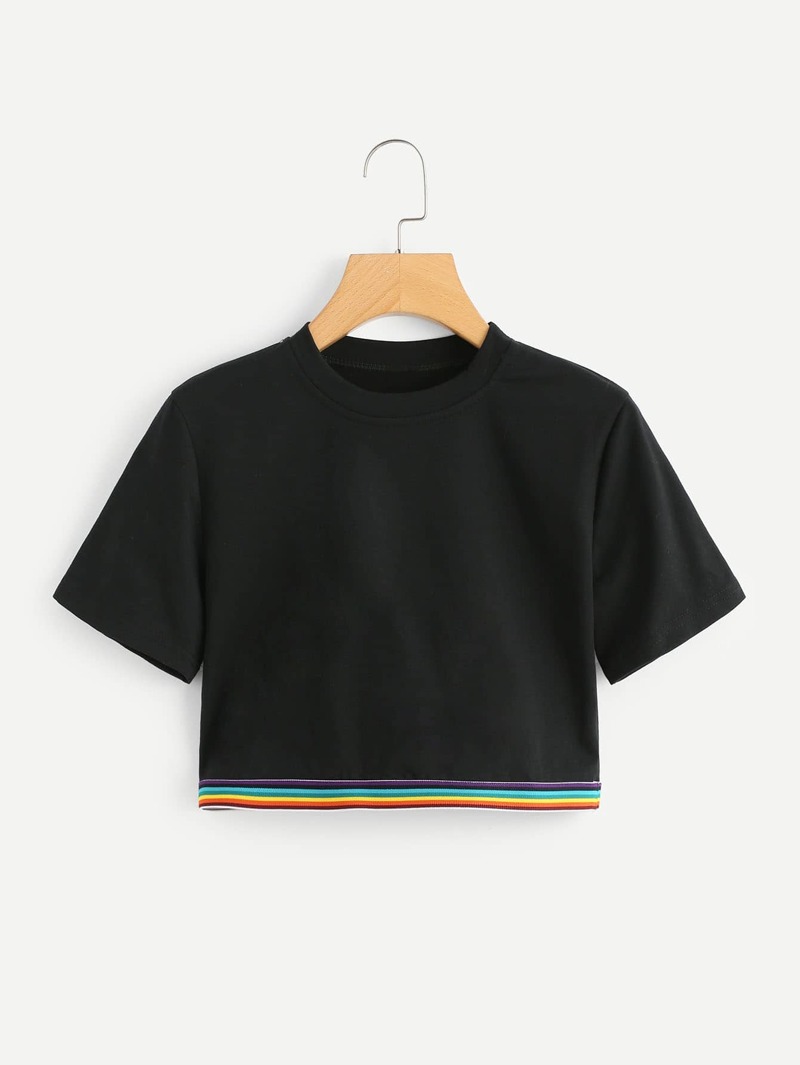 

Colorful Striped Tape Hem Tee, Black