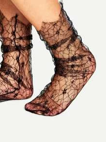1 par de calcetines de encaje con estampado floral para mujer - Negro - Ver 4