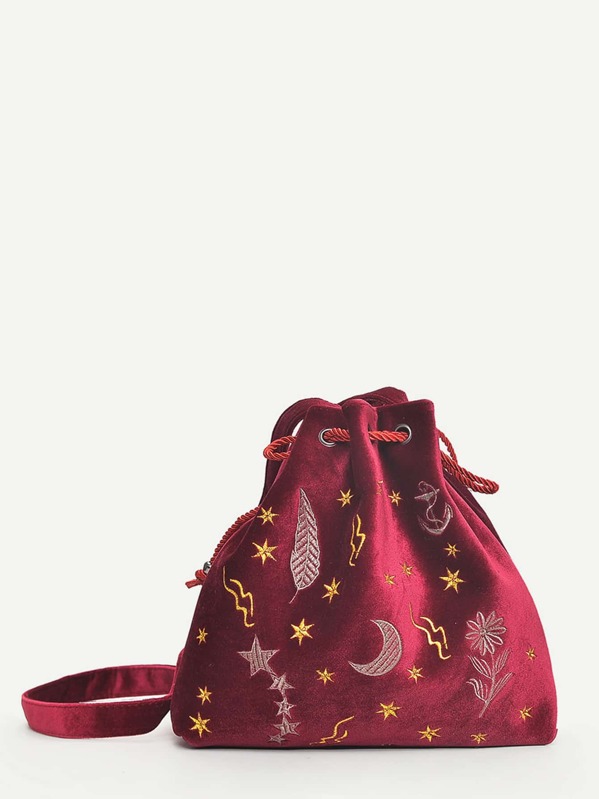 

Embroidered Detail Drawstring Bucket Bag, Burgundy