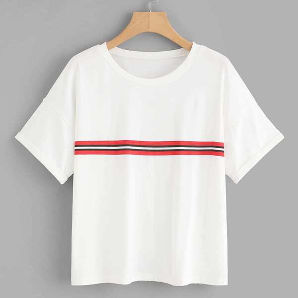 

Stripe Panel Cuffed Tee, White
